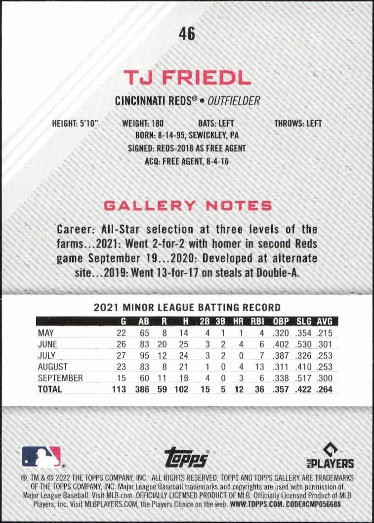 2022 Topps Gallery T.J. Friedl #46 baseball trading card back