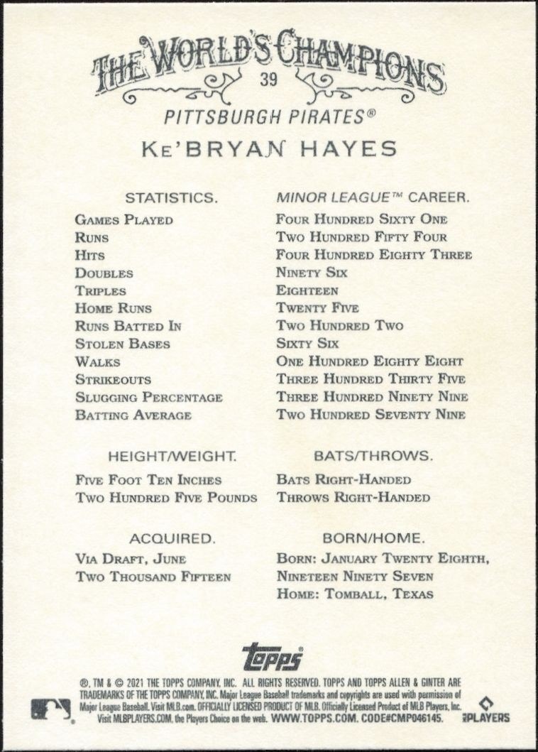 2021 Topps Allen & Ginter Ke'Bryan Hayes #39 baseball trading card back