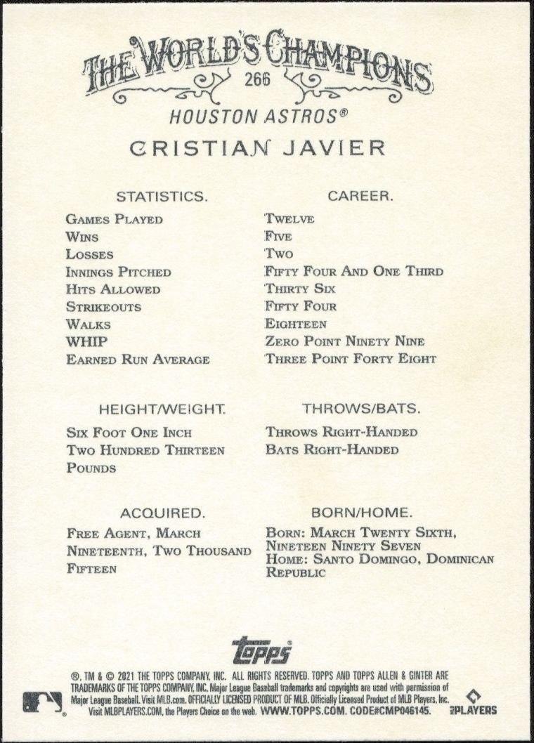 2021 Topps Allen & Ginter Cristian Javier #266 baseball trading card back