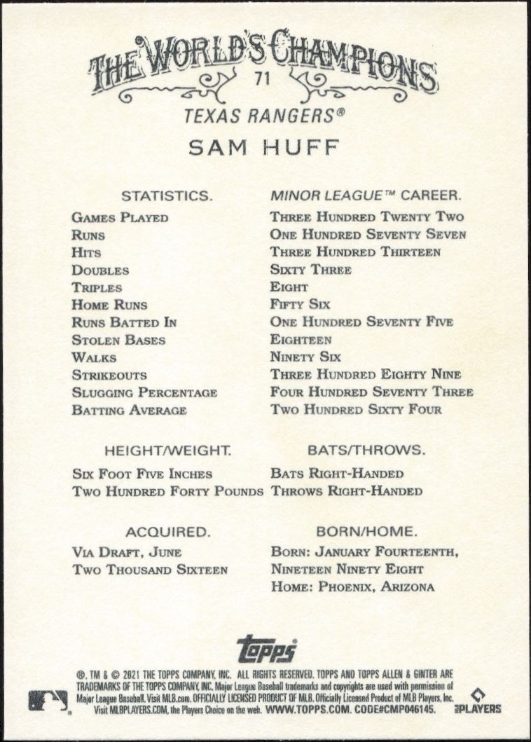 2021 Topps Allen & Ginter Sam Huff #71 baseball trading card back