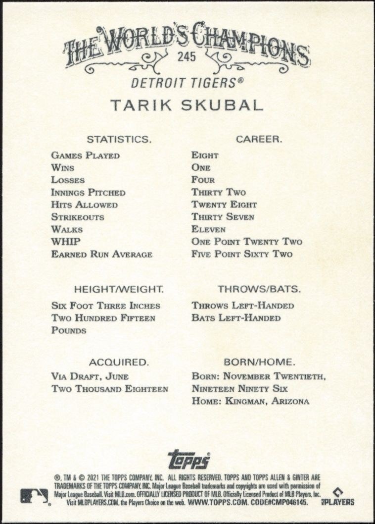2021 Topps Allen & Ginter Tarik Skubal #245 baseball trading card back