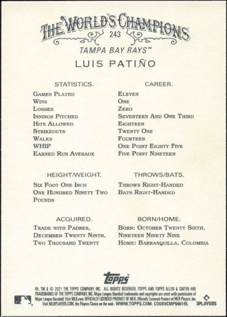 2021 Topps Allen & Ginter Luis Patiño #243 baseball trading card back