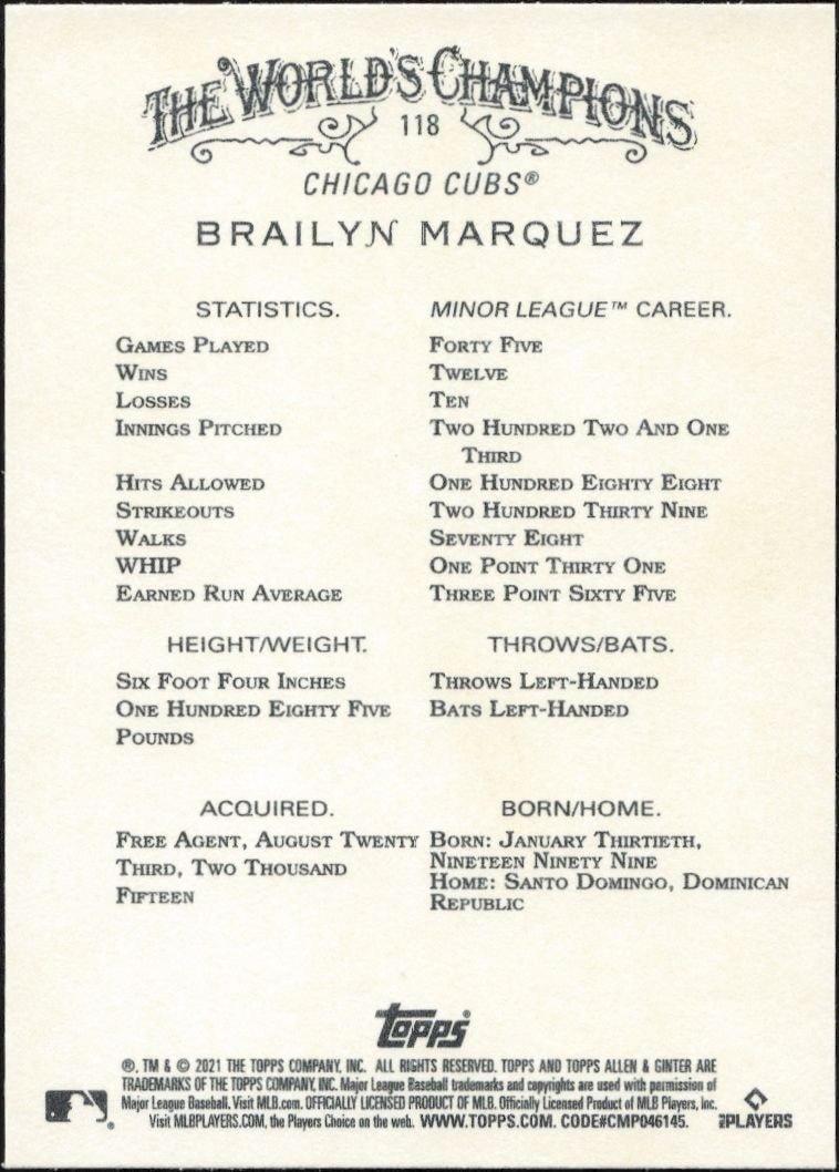 2021 Topps Allen & Ginter Brailyn Marquez #118 baseball trading card back