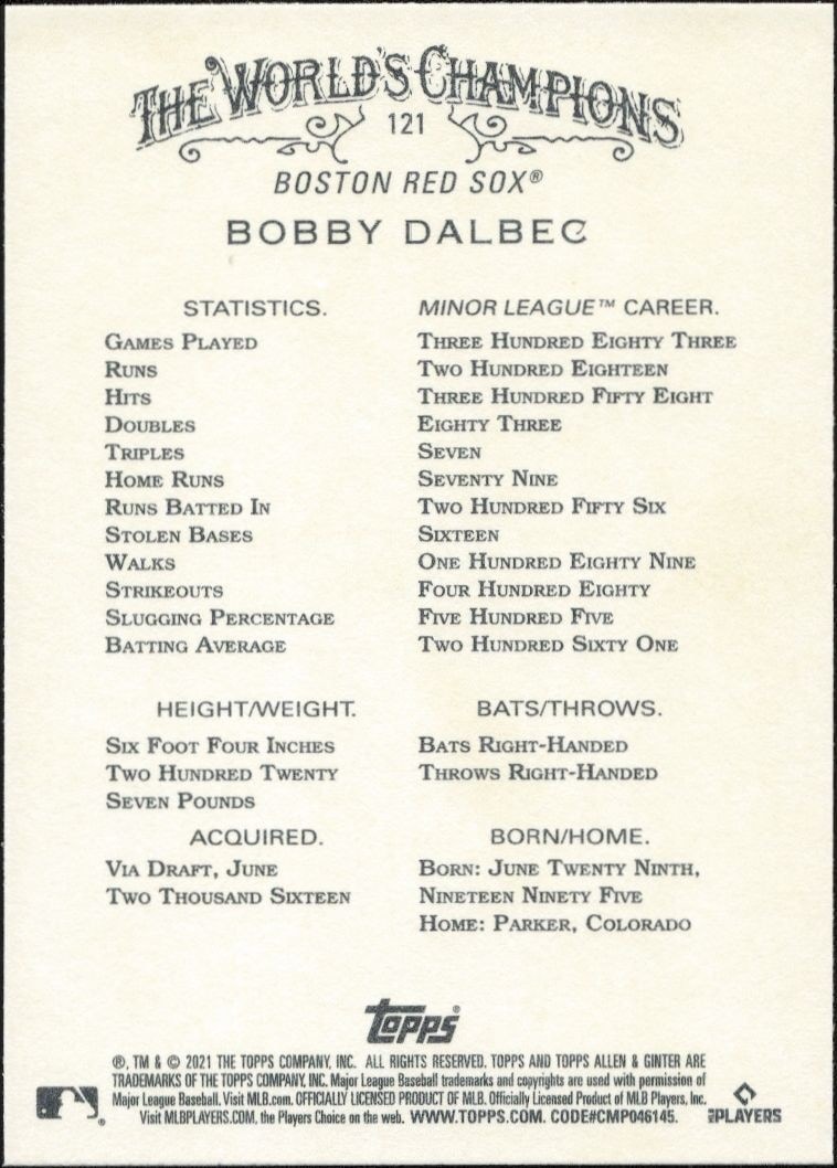 2021 Topps Allen & Ginter Bobby Dalbec #121 baseball trading card back