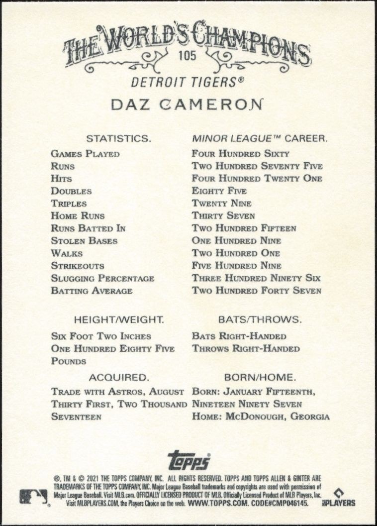2021 Topps Allen & Ginter Daz Cameron #105 baseball trading card back