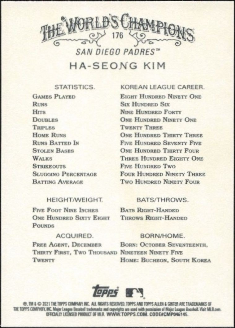 2021 Topps Allen & Ginter Ha-Seong Kim #176 baseball trading card back