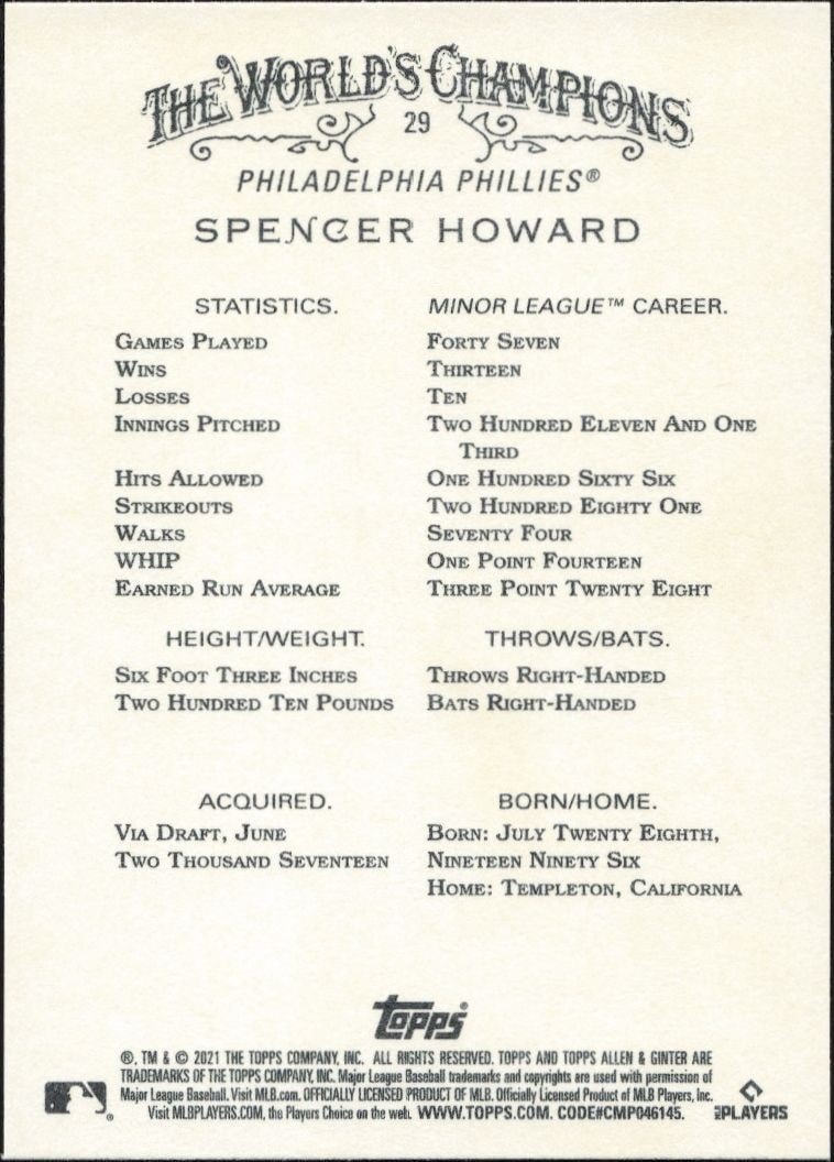 2021 Topps Allen & Ginter Spencer Howard #29 baseball trading card back