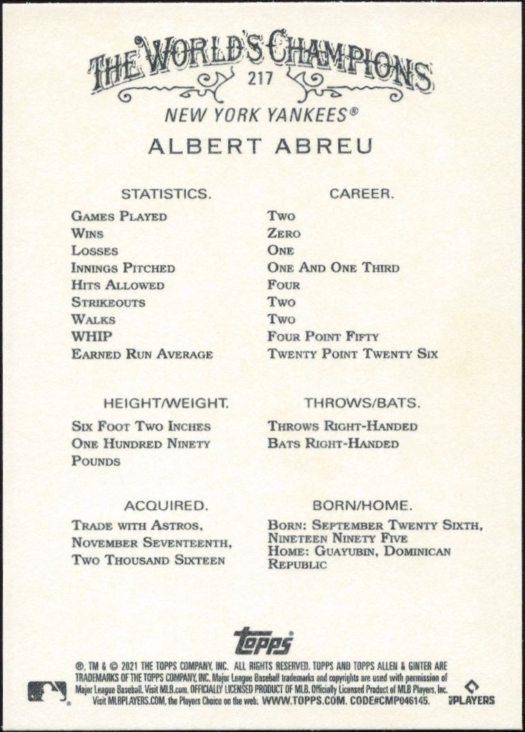2021 Topps Allen & Ginter Albert Abreu #217 baseball trading card back