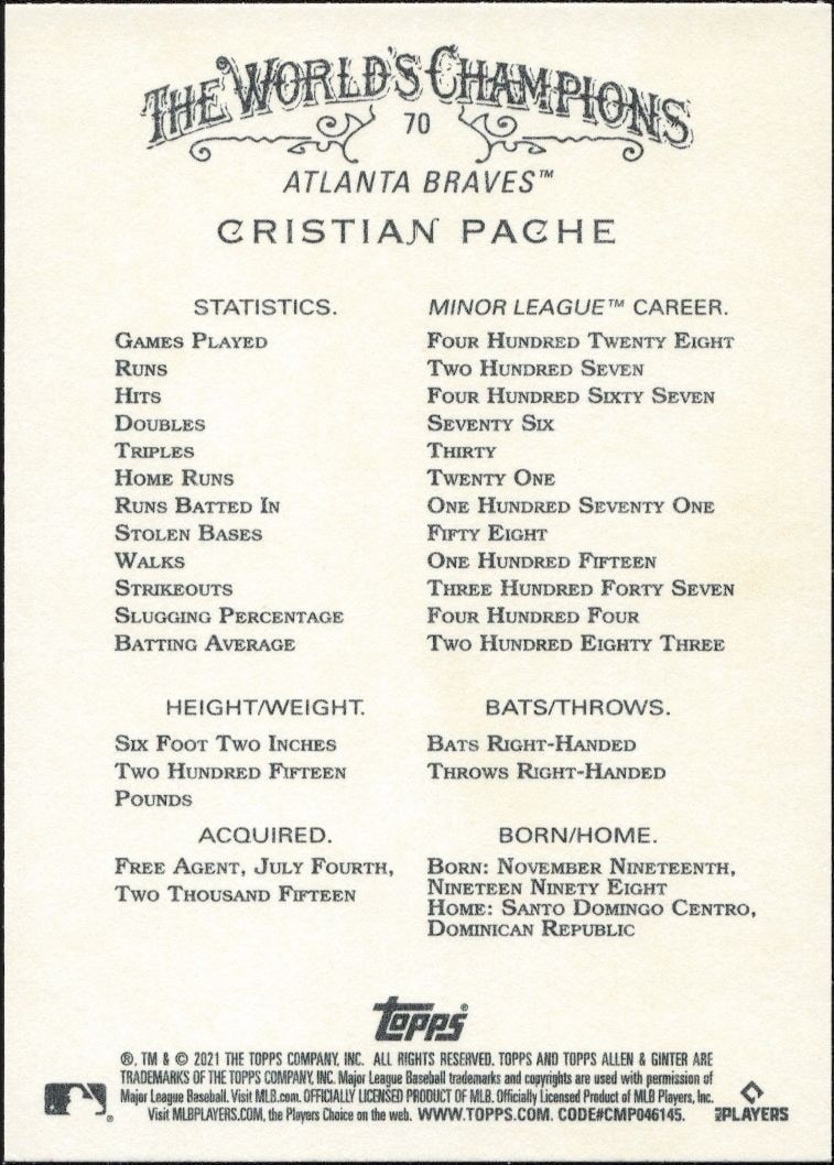 2021 Topps Allen & Ginter Cristian Pache #70 baseball trading card back