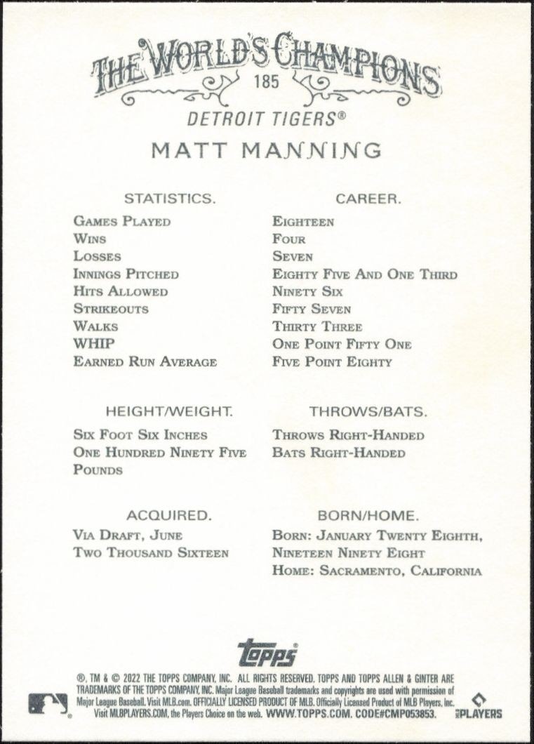 2022 Topps Allen & Ginter Matt Manning #185 baseball trading card back