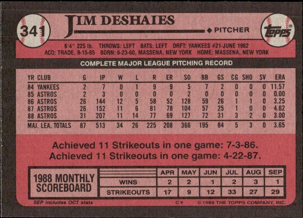 1989 Topps Jim Deshaies #341 baseball trading card back