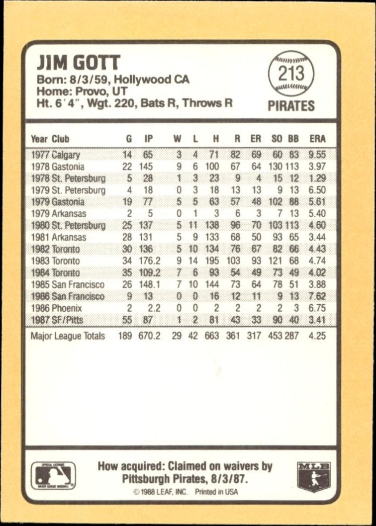 1988 Donruss Baseball's Best Jim Gott #213 baseball trading card back
