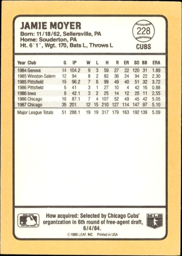 1988 Donruss Baseball's Best Jamie Moyer #228 baseball trading card back