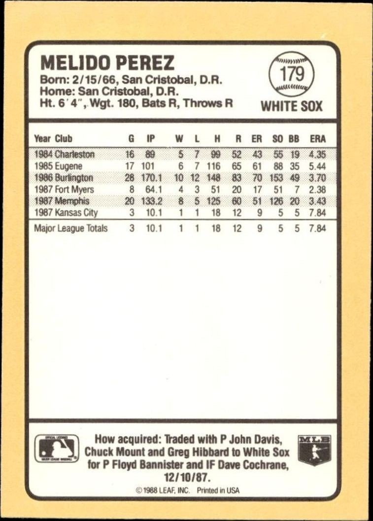 1988 Donruss Baseball's Best Melido Perez #179 baseball trading card back