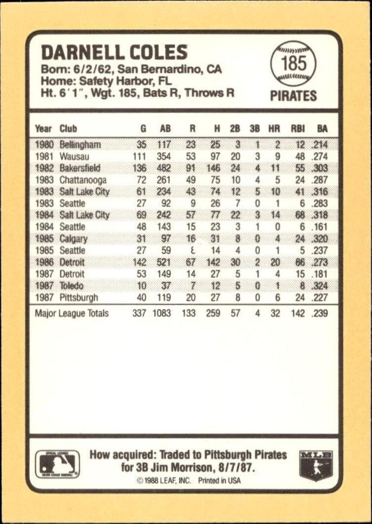 1988 Donruss Baseball's Best Darnell Coles #185 baseball trading card back