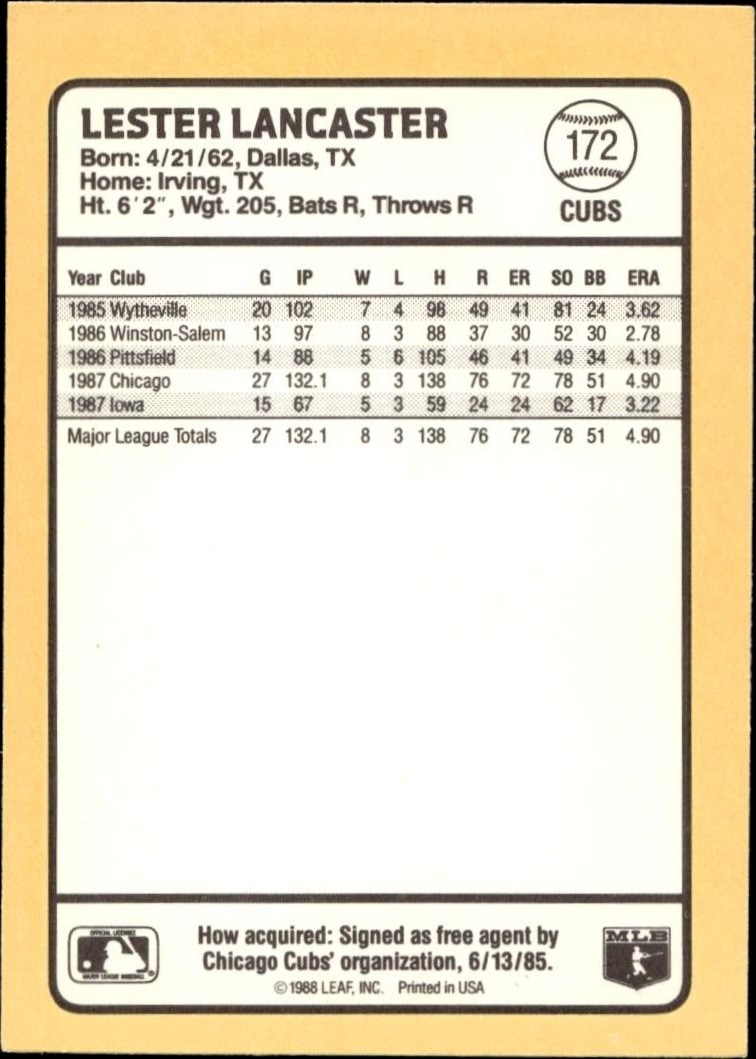1988 Donruss Baseball's Best Les Lancaster #172 baseball trading card back