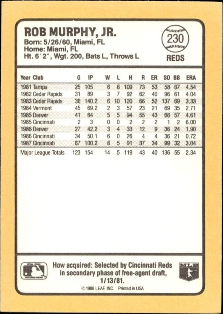 1988 Donruss Baseball's Best Rob Murphy #230 baseball trading card back