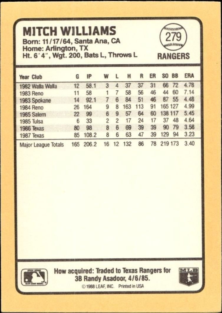1988 Donruss Baseball's Best Mitch Williams #279 baseball trading card back