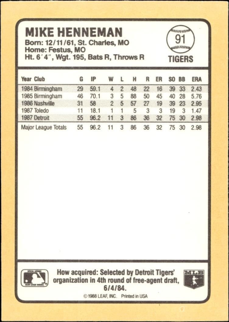 1988 Donruss Baseball's Best Mike Henneman #91 baseball trading card back