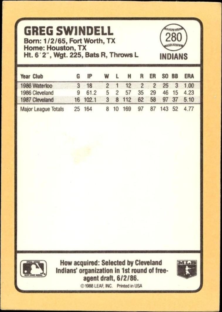 1988 Donruss Baseball's Best Greg Swindell #280 baseball trading card back