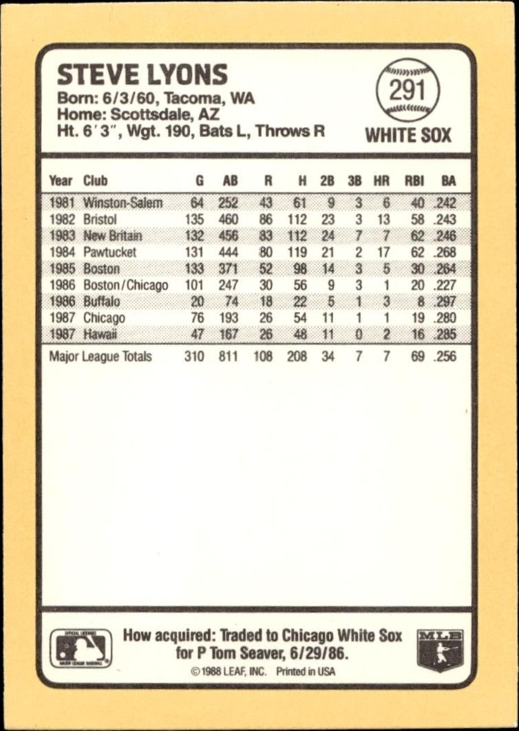 1988 Donruss Baseball's Best Steve Lyons #291 baseball trading card back