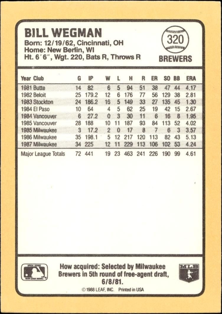 1988 Donruss Baseball's Best Bill Wegman #320 baseball trading card back
