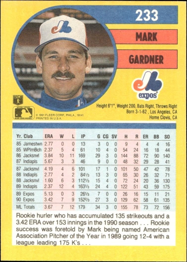 1991 Fleer Mark Gardner #233 baseball trading card back