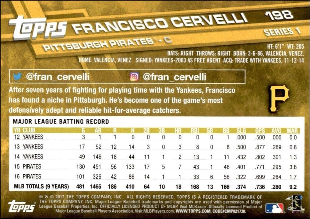 2017 Topps Francisco Cervelli #198 baseball trading card back