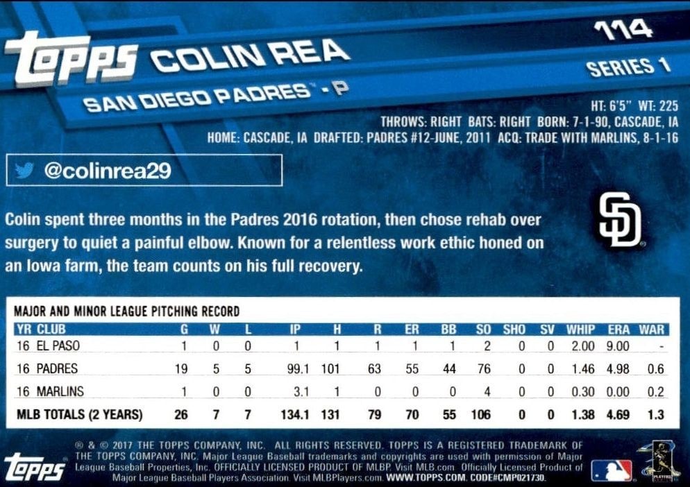 2017 Topps Colin Rea #114 baseball trading card back