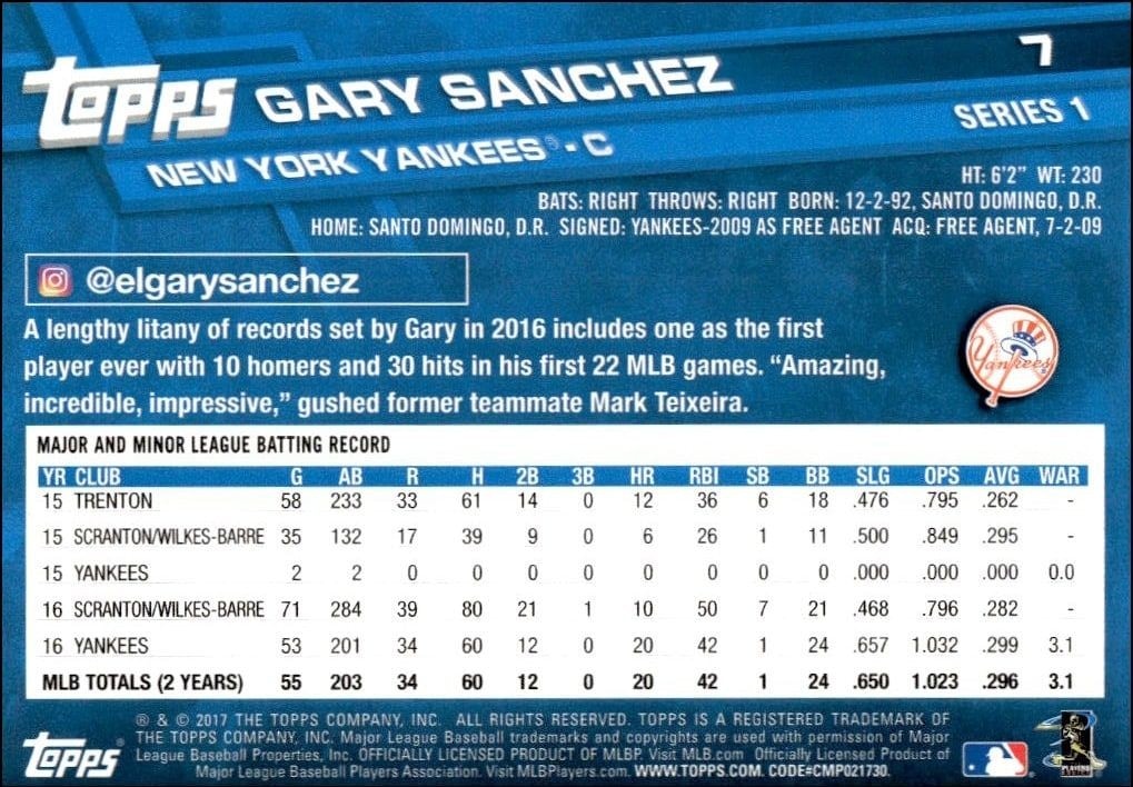 2017 Topps Gary Sanchez #7 baseball trading card back