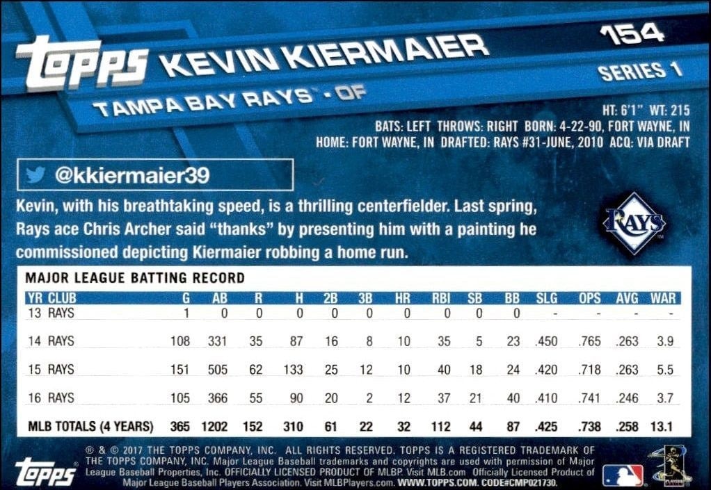 2017 Topps Kevin Kiermaier #154 baseball trading card back