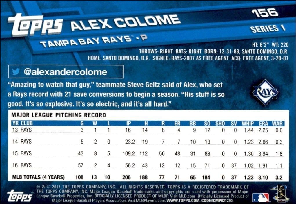 2017 Topps Alex Colome #156 baseball trading card back