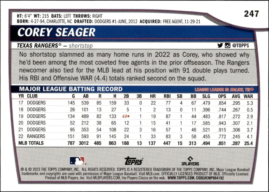 2023 Topps Big League Corey Seager #247 baseball trading card back