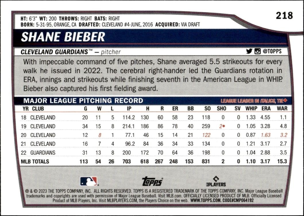 2023 Topps Big League Shane Bieber #218 baseball trading card back