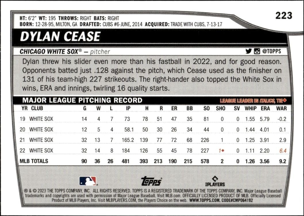 2023 Topps Big League Dylan Cease #223 baseball trading card back