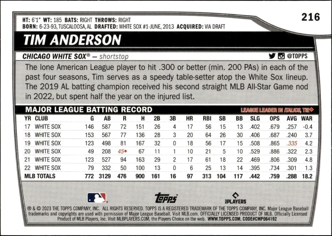 2023 Topps Big League Tim Anderson #216 baseball trading card back