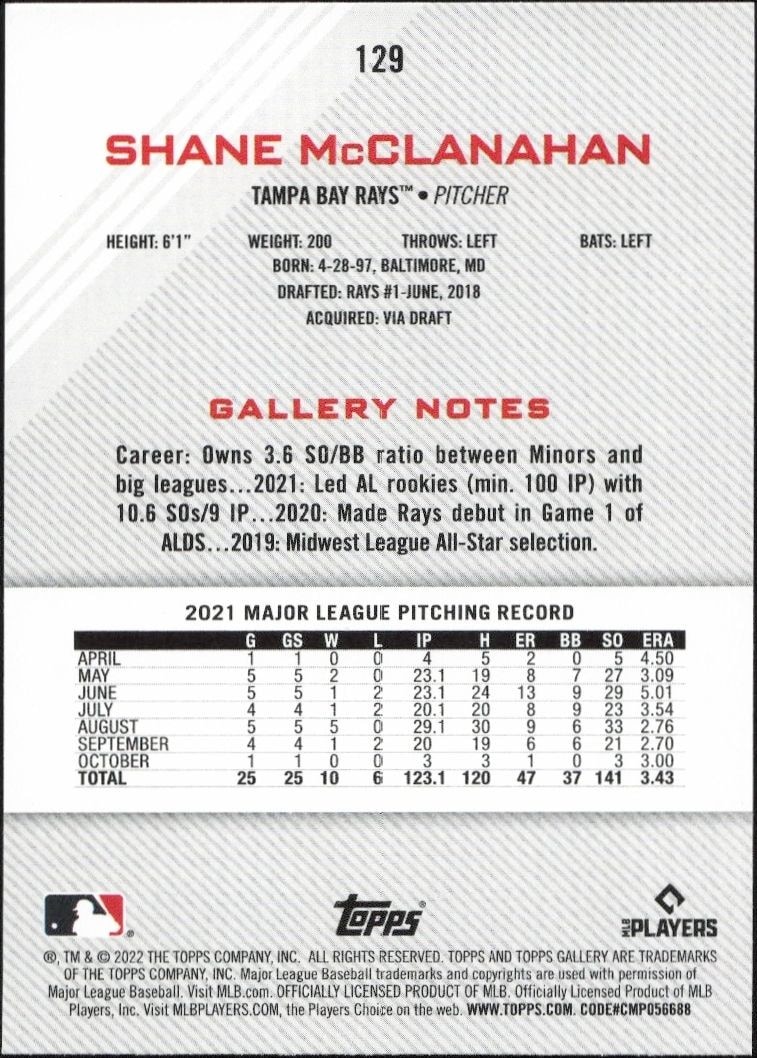 2022 Topps Gallery Shane McClanahan #129 baseball trading card back