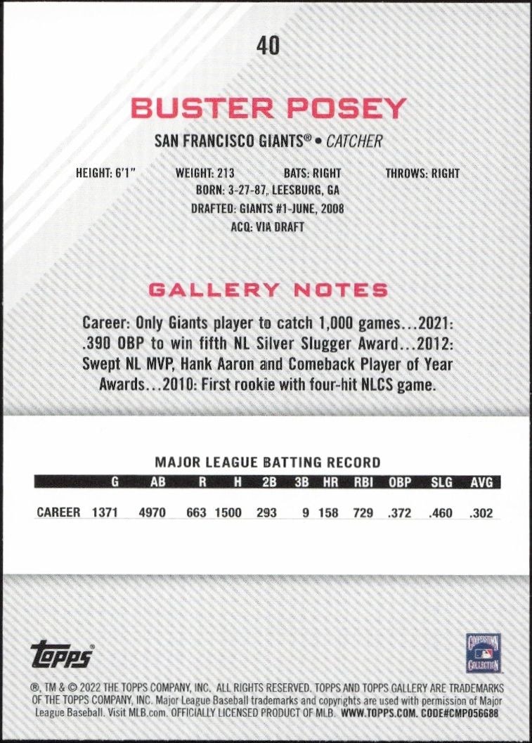 2022 Topps Gallery Buster Posey #40 baseball trading card back