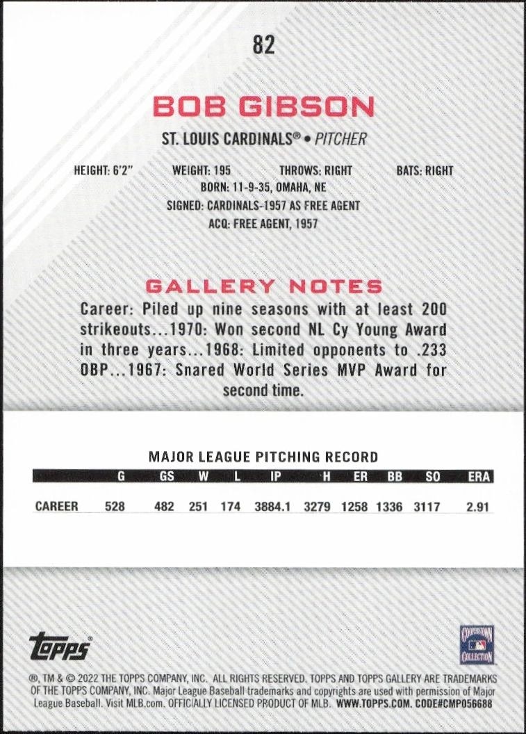 2022 Topps Gallery Bob Gibson #82 baseball trading card back