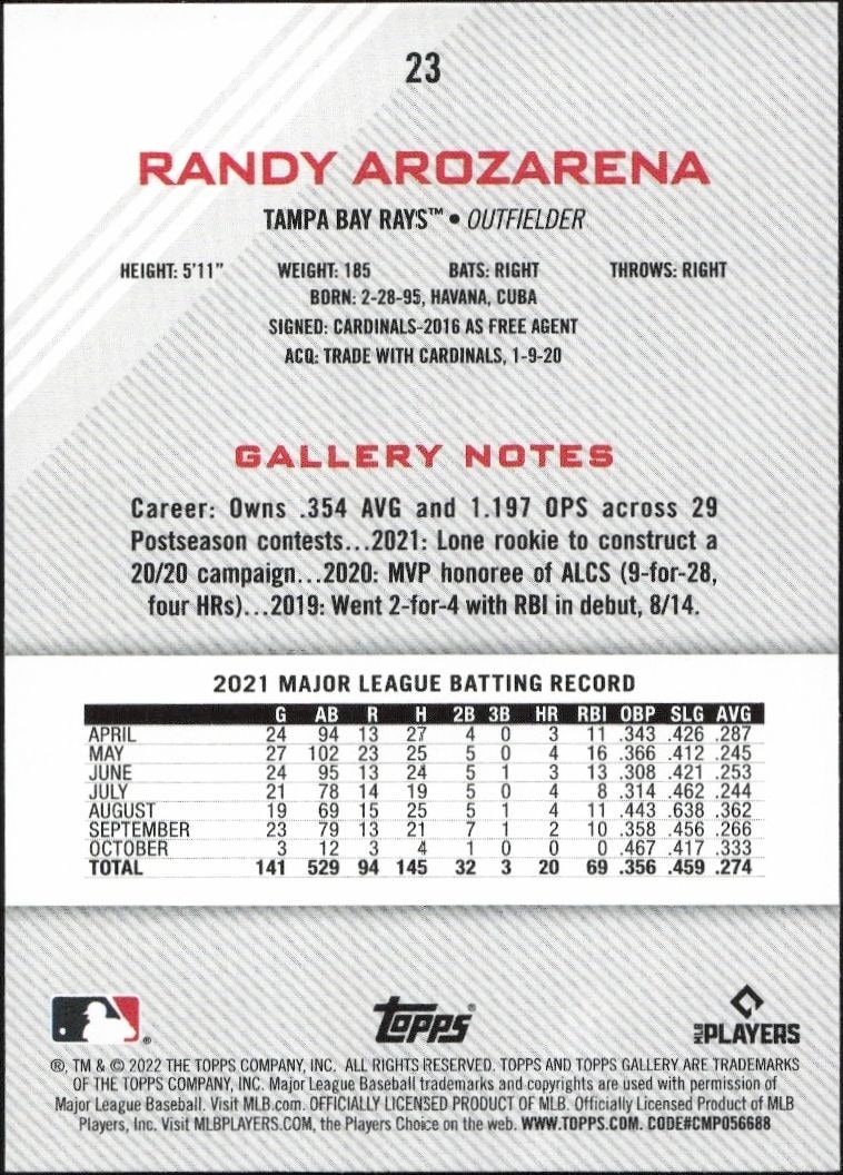 2022 Topps Gallery Randy Arozarena #23 baseball trading card back
