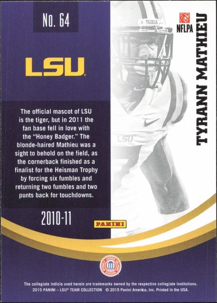 2015 Panini Lsu Team Collection Tyrann Mathieu #64 football trading card back