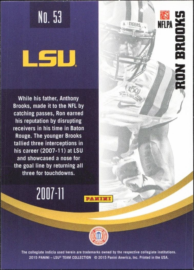 2015 Panini Lsu Team Collection Ron Brooks #53 football trading card back