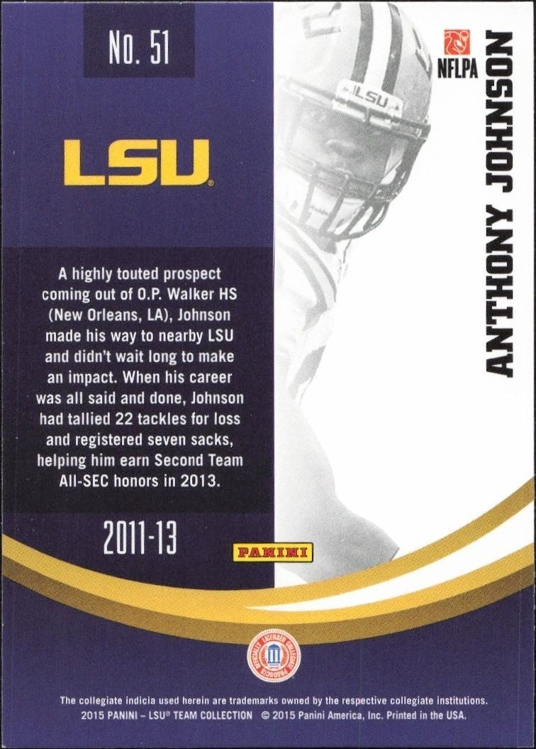 2015 Panini Lsu Team Collection Anthony Johnson #51 football trading card back