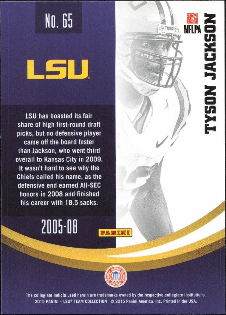 2015 Panini Lsu Team Collection Tyson Jackson #65 football trading card back