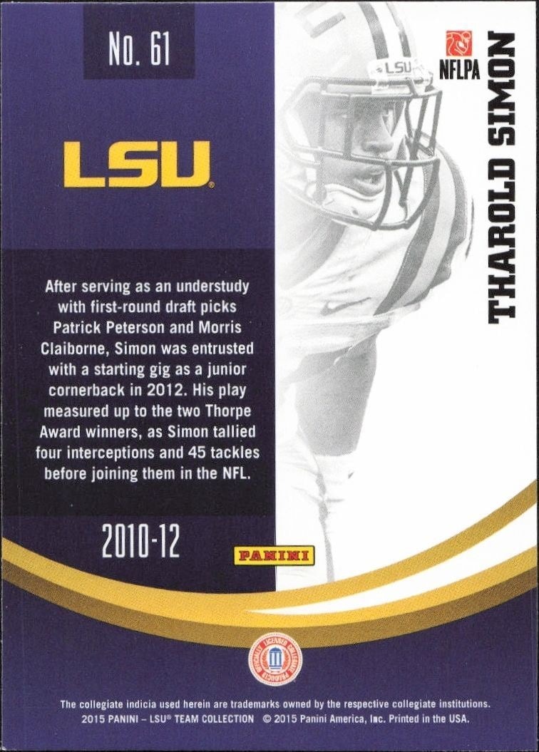 2015 Panini Lsu Team Collection Tharold Simon #61 football trading card back