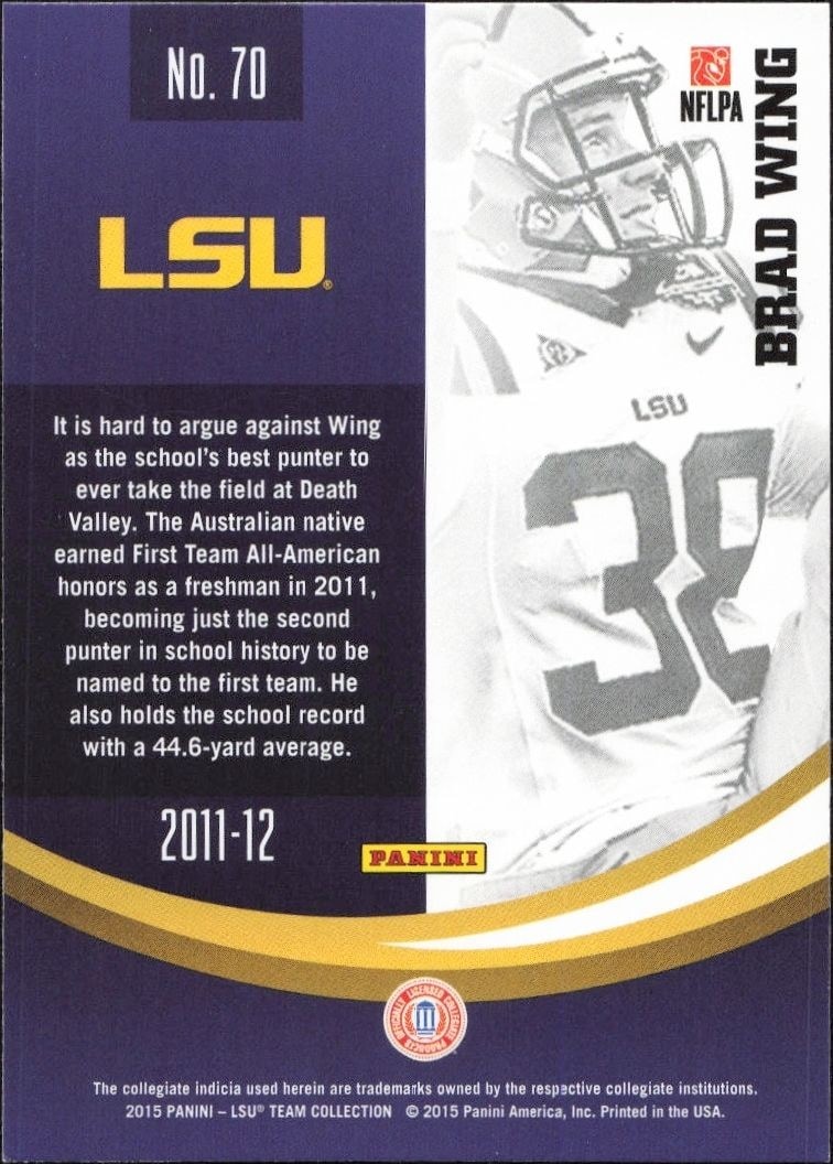 2015 Panini Lsu Team Collection Brad Wing #70 football trading card back