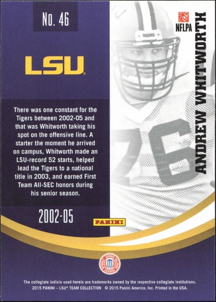 2015 Panini Lsu Team Collection Andrew Whitworth #46 football trading card back