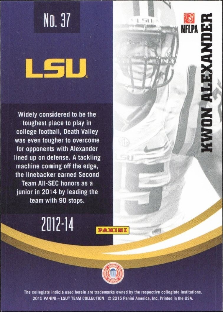 2015 Panini Lsu Team Collection Kwon Alexander #37 football trading card back