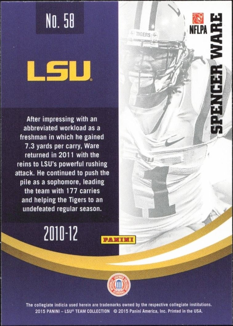 2015 Panini Lsu Team Collection Spencer Ware #58 football trading card back