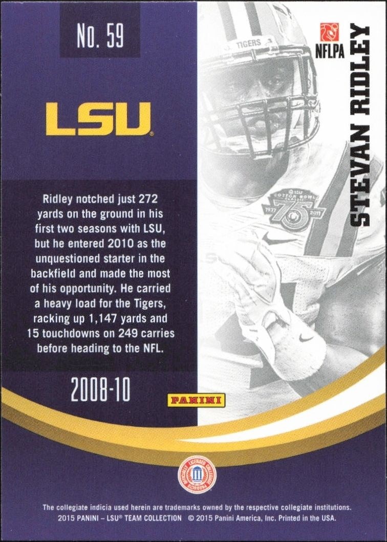 2015 Panini Lsu Team Collection Stevan Ridley #59 football trading card back